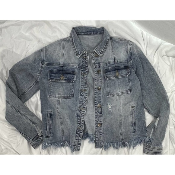 Women's Jean Jacket Long Sleeve Fitted Distressed Fray Hem Size M - Picture 3 of 7